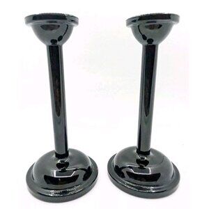 Vtg. Pair Of Glass Black Amethyst Taper Candle Holders 8"